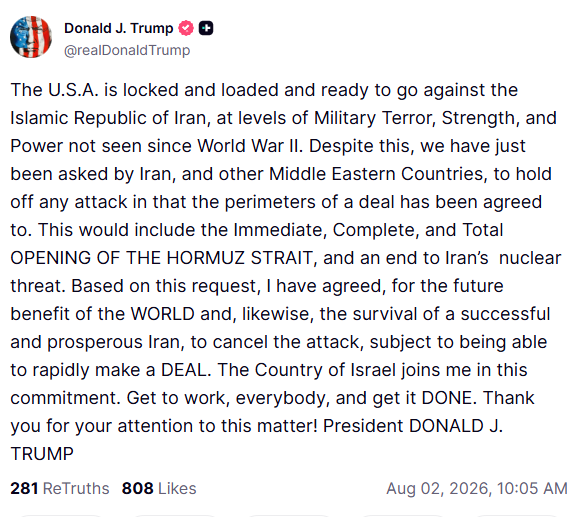 Trump Suspends Attack on Iran After Deal Proposal