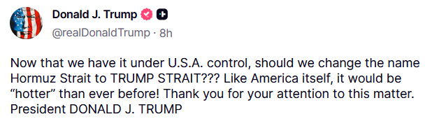 Trump Calls for Trump Strait Renaming in Hormuz Strait