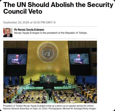 Erdogan Calls for Abolishment of UN Security Council Veto Power