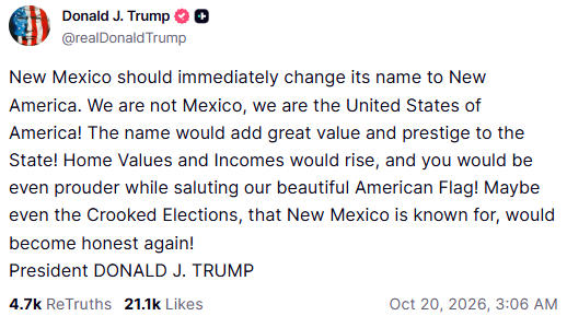 Trump Calls For New Mexico to Be Renamed New America